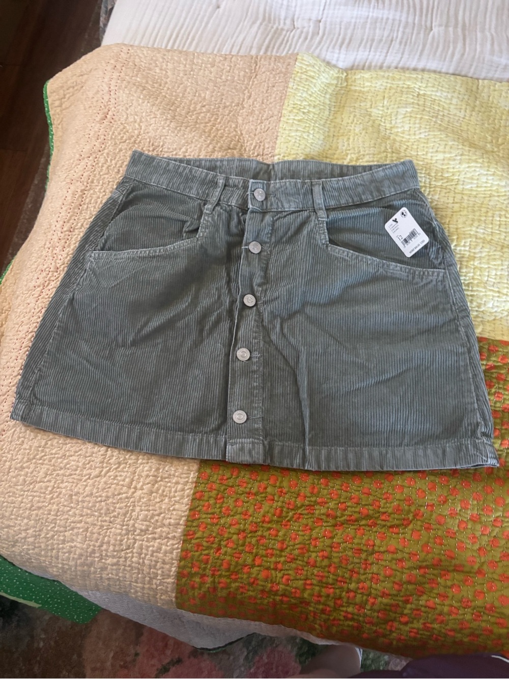 Free People Olive Green Corduroy Button-Front Mini Skirt